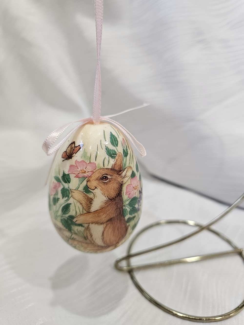 Vintage Paper Mache Bunny Floral Easter Hanging Egg Ornament - Pink Ribbon